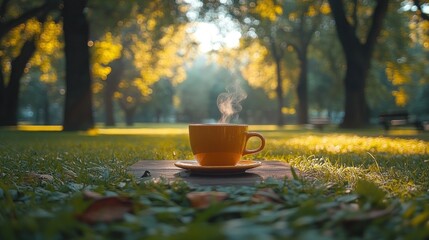 Warm autumn morning coffee in a park.