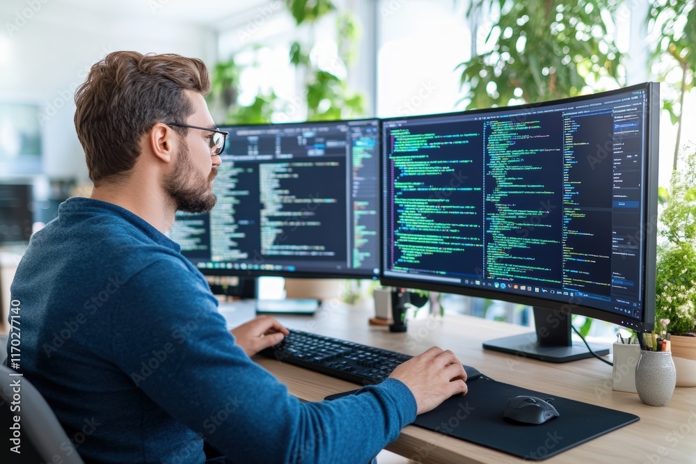 Poster focused programmer: a dedicated programmer immersed in a world of code, working diligently on his du
