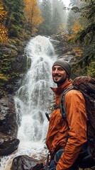 Hiker Smiling Near Majestic Waterfall in Autumn Forest Setting