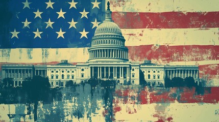 United States Capitol Building with Grunge American Flag Background Symbolizing Patriotism, Democracy, and Government Power in a Vintage Artistic Style
