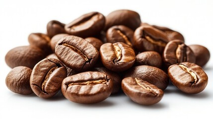 Fototapeta premium Close-up of roasted coffee beans on white background.