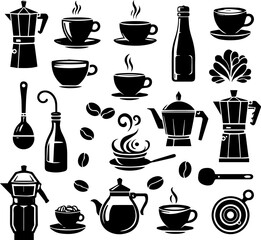 black and white graphic image of a set of attributes for a coffee shop