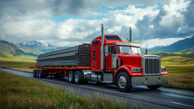 A truck pulling a flatbed trailer with large steel beams