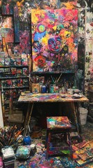 Naklejka premium Colorful Artist Studio Filled with Paints and Creative Chaos