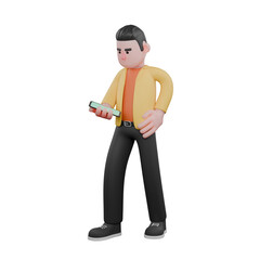 Designer Skills Set Characters 3D Model. A male designer walks carrying a mobile phone in his right hand while looking at it. Cartoon Style