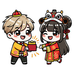 Cute boy and girl celebrate Chinese New Year. Cartoon character, illustration,