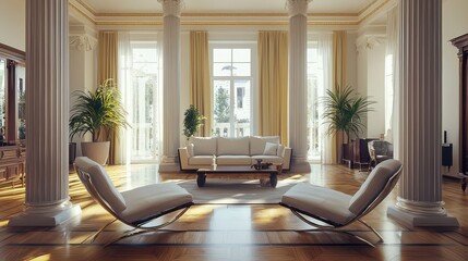 Fototapeta premium Elegant Modern Living Room with Tall Columns and Bright Windows