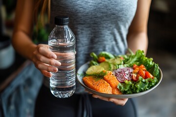Fitness Coach Demonstrates Importance of and Healthy Eating with Nutrient Rich Plate and Water