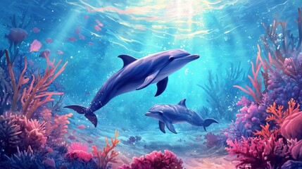 Obraz premium A dolphin guiding her calf through coral reefs.