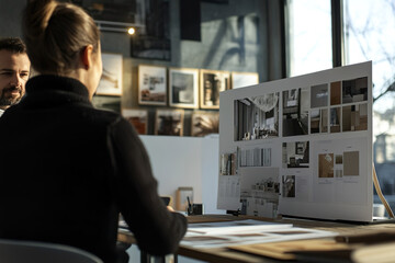 A Creative Director discussing project timelines and deliverables with a client, with documents and plans on the table