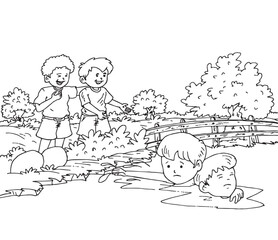 Cute cartoon hand drawn vector A boy saving his friend from drowning in water and enemy kids laughing coloring page.