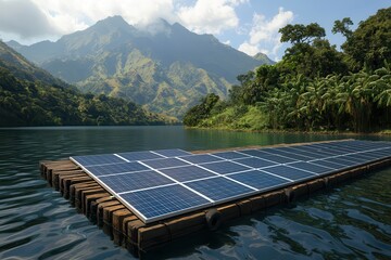 Ocean conservation sustains ecosystems with renewable practices. Solar panels on a floating platform in a serene lake setting.