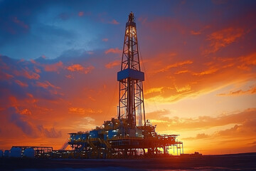 Obraz premium A drilling rig at sunset, with the sky painted in shades of orange and pink. The rig is active, and the surrounding oil field is bathed