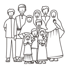 Muslim Family. Muslim mother and father, happy kids and elderly persons. Thin line illustration.