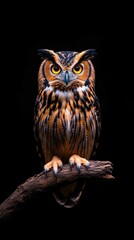 Naklejka premium Majestic owl perched on a branch against a black background.