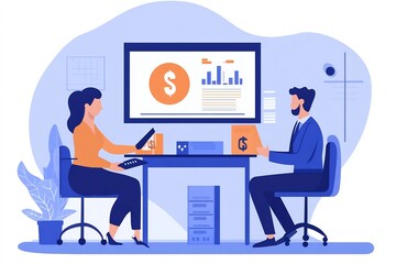 Banker discussing financial products with client in professional office environment with branding