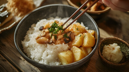 someone eating rice with chopsticks, accompanied by side dishes like a potato and mushroom steamed dish in a small bowl, all on a rustic wooden table.
