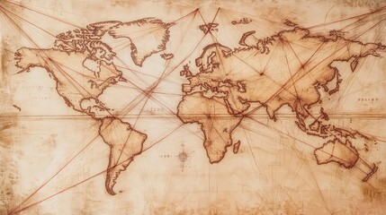 Vintage World Map with Lines and Nautical Elements in Brown Tones