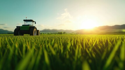 Fototapeta premium Tractor in a green field at sunset.