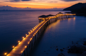 Obraz premium A long wooden pier lit up with LED lights leads into the ocean at sunset, with an island in view and calm waters
