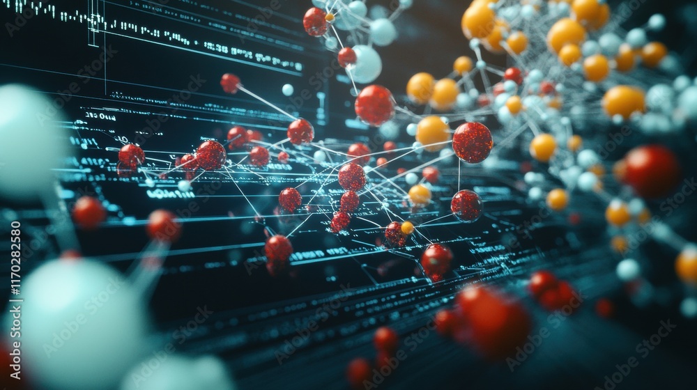 Poster exploring molecular structures in digital visualization science lab 3d render high-tech environment