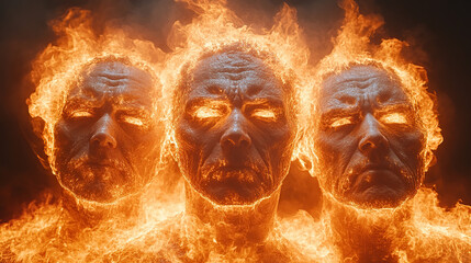 Three intense faces engulfed in flames create a powerful and surreal digital art image