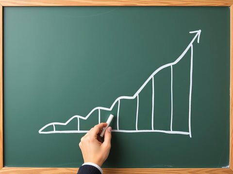 Business coach drawing graph and businesspeople icons on chalkboard for personal development, corporate, chart