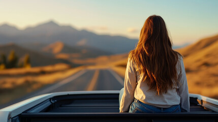 Young Woman Enjoying Scenic Mountain View From Car At Sunset