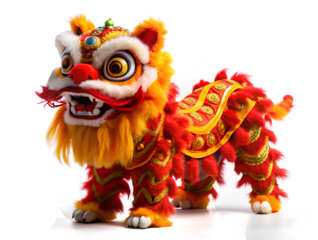 Red Lion dance on isolated white background, Cut out - Chinese new year