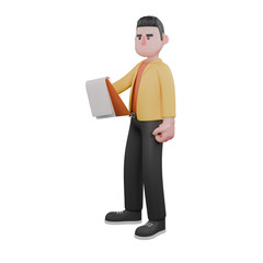 Designer Roles in Art Set 3D Model. A male designer set stands with his left hand clenched, holds a clipboard in his right hand, an expression of looking at something in front of him. Cartoon Style
