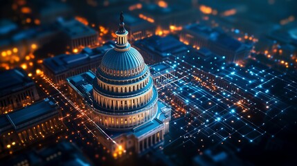 United States Capitol Building Illuminated at Night with Futuristic Digital Grid Overlay Representing Technology, Cybersecurity, and Government Innovation in Washington D.C