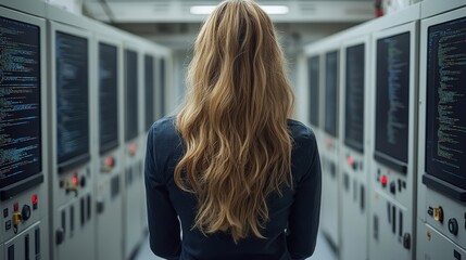 A woman with long blonde hair stands in a server room surrounded by screens displaying code, symbolizing technology, data management, and cybersecurity.