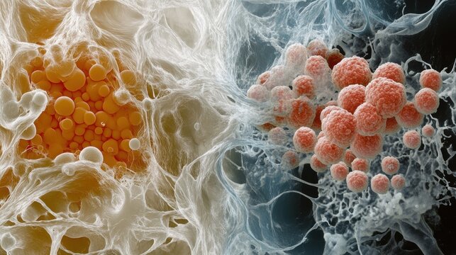 Microscopic view of cell interactions laboratory scientific imagery digital environment close-up biology