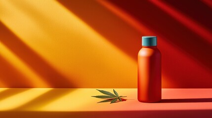 A vibrant orange bottle sits on a colorful background, accompanied by a green leaf, creating a striking contrast and modern aesthetic.