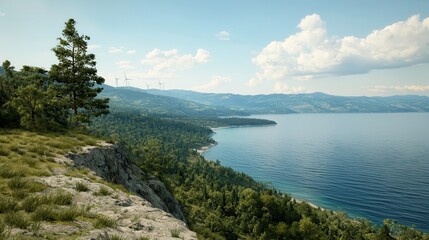 Ocean conservation sustains ecosystems with renewable practices. Scenic coastal landscape with lush greenery and serene waters.