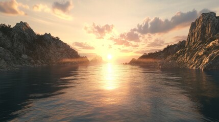 Sunset over Calm Coastal Mountains: A Serene Golden Hour Landscape