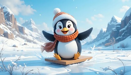 A cartoon penguin wearing a scarf and hat, sliding on ice with a cheerful expression, surrounded by snowy landscapes