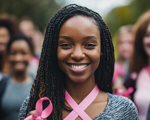 Smiling young woman with pink ribbon at breast cancer awareness event.