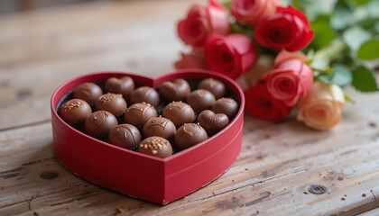 A heart-shaped box of chocolates placed on a wooden table with a rose bouquet in the background.