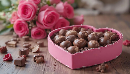 A heart-shaped box of chocolates placed on a wooden table with a rose bouquet in the background.
