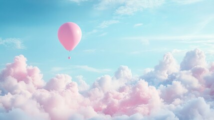 Fototapeta premium Pink Balloon Soaring Above Cotton Candy Clouds: A Dreamy Escape