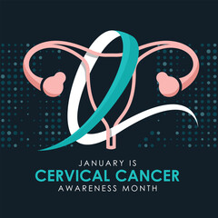 January is cervical cancer awareness month - Teal white ribbon roll around pink uterus sign on black dot texture background vector design