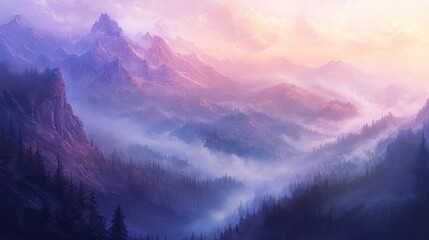 Misty mountain range at sunrise, purple and pink hues, valleys, forests.