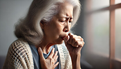 A Chinese elder woman coughing with a concerned expression
