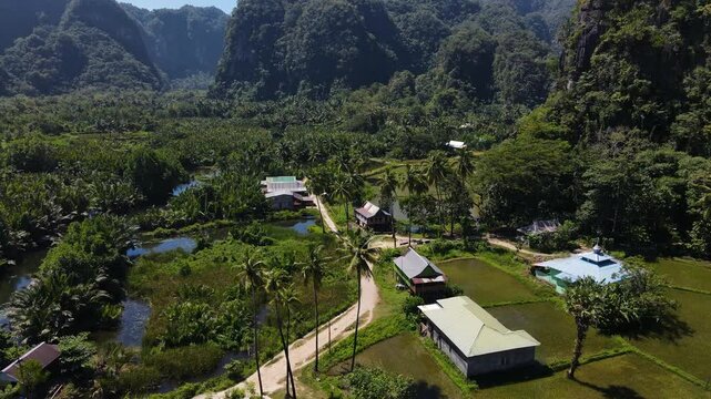 Rammang-Rammang Karst Village, Sulawesi, Indonesia - A Picturesque View of Farmhouses Nestled Among Lush Paddy Fields - Aerial Drone Shot