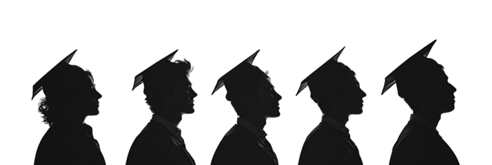 Silhouettes of diverse graduates wearing caps and gowns celebrating their academic achievement against isolated on white background.PNG