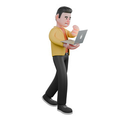 Designer Roles in Art Set 3D Model. A male designer set walks carrying a laptop in his right hand, expression speaking. Cartoon Style