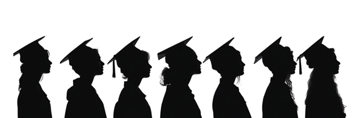 Silhouettes of diverse graduates wearing caps and gowns celebrating their academic achievement against isolated on white background.PNG