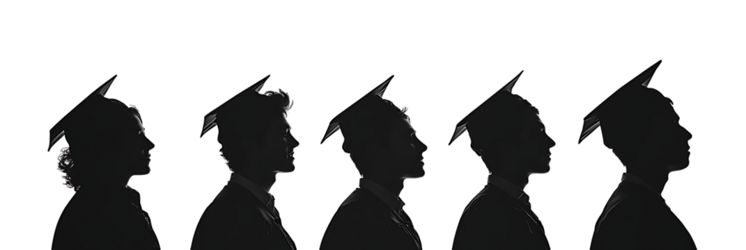 Silhouettes of diverse graduates wearing caps and gowns celebrating their academic achievement against isolated on white background.PNG