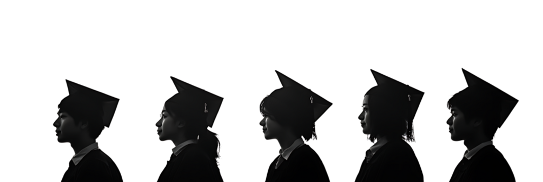 Silhouettes of diverse graduates wearing caps and gowns celebrating their academic achievement against isolated on white background.PNG